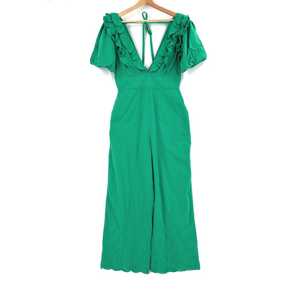 MAJORELLE Pants - Majorelle Womens Wide Leg Jumpsuit Small Embroidered Ruffle Boho Cottage Green